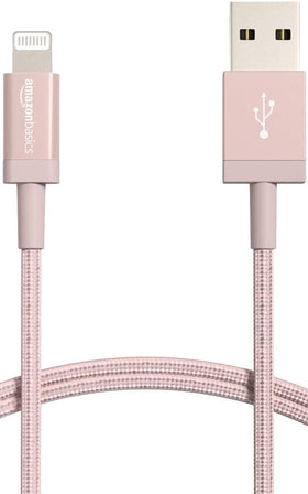 Amazon Basics nylon USB-A to Lightning cable, rose gold, 6ft, durable braided design for everyday charging.