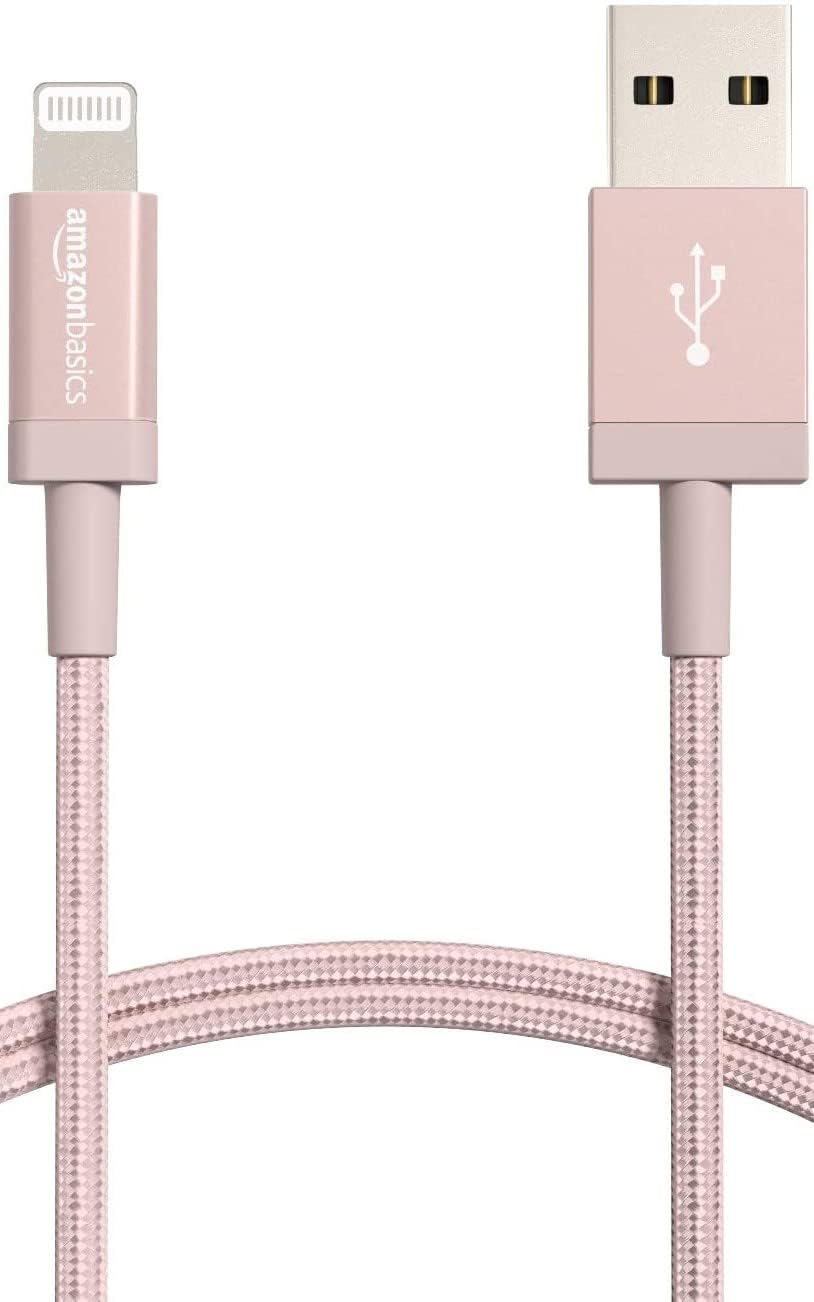 Amazon Basics nylon USB-A to Lightning cable, rose gold, 6ft, durable braided design for everyday charging.