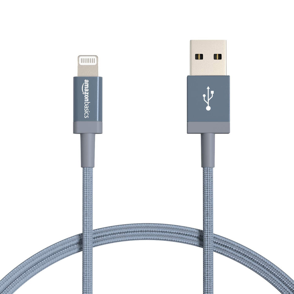 Amazon Basics nylon USB-A to Lightning cable 3ft dark gray, durable daily charging.