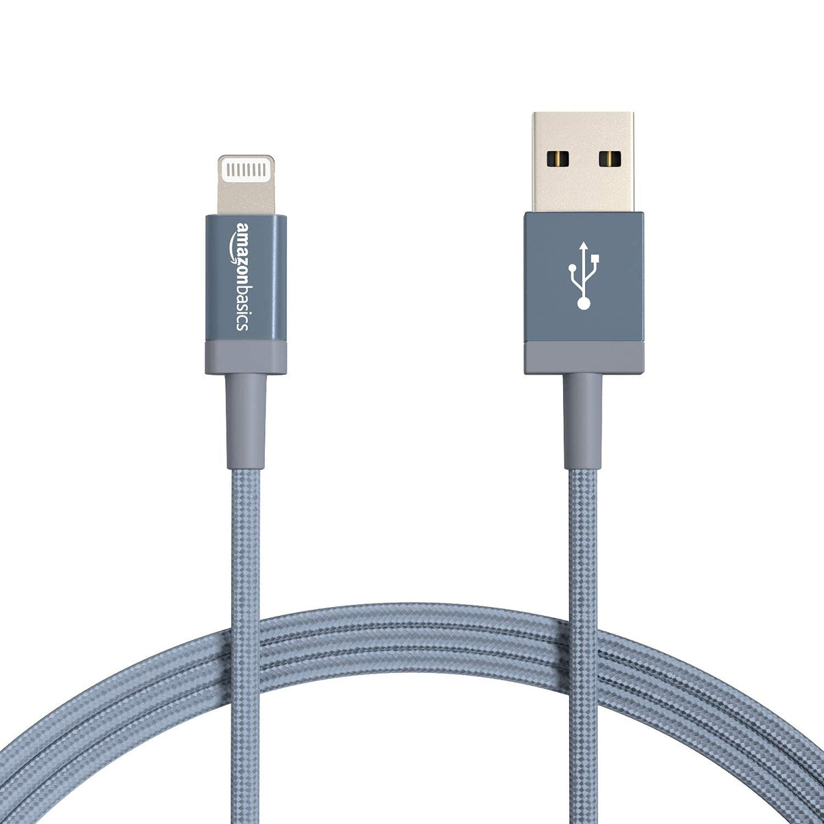 Amazon Basics nylon USB-A to Lightning cable main view, durable 6ft braided design
