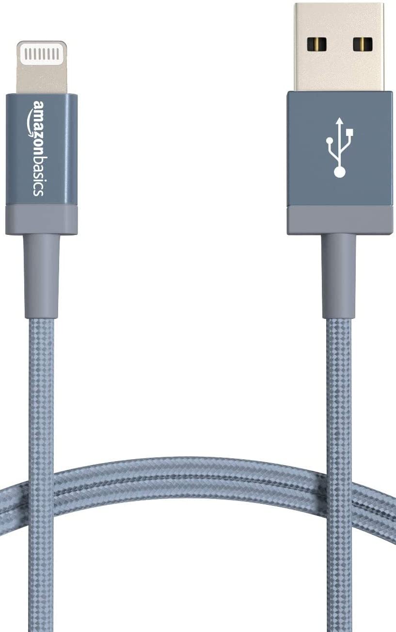 Amazon Basics nylon USB-A to Lightning cable in dark gray, 6 ft, reliable charging and syncing.