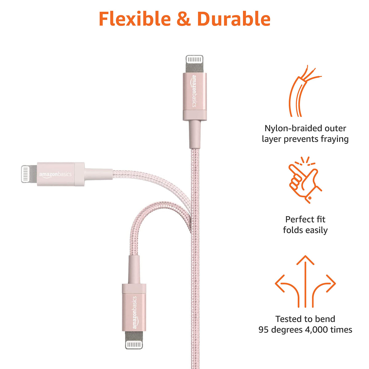 Amazon Basics 3 ft rose gold nylon cable coiled for easy storage