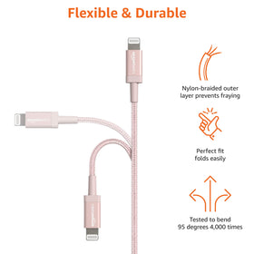 Amazon Basics 3 ft rose gold nylon cable coiled for easy storage