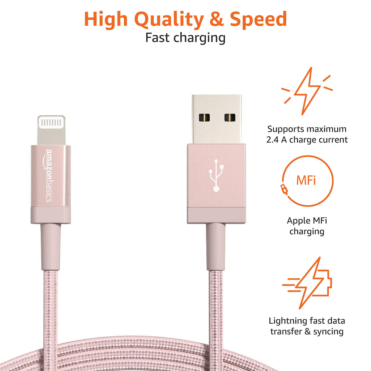 Amazon Basics nylon USB-A to Lightning cable in box showing contents