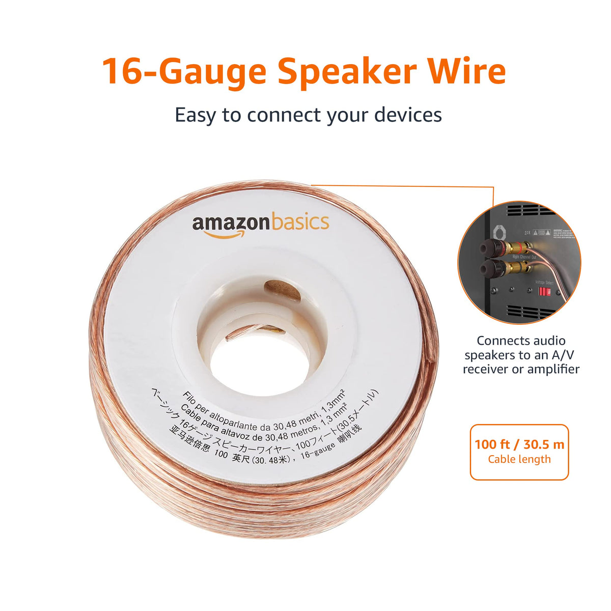 Polarity-marked 16-gauge speaker wire close-up for correct wiring.