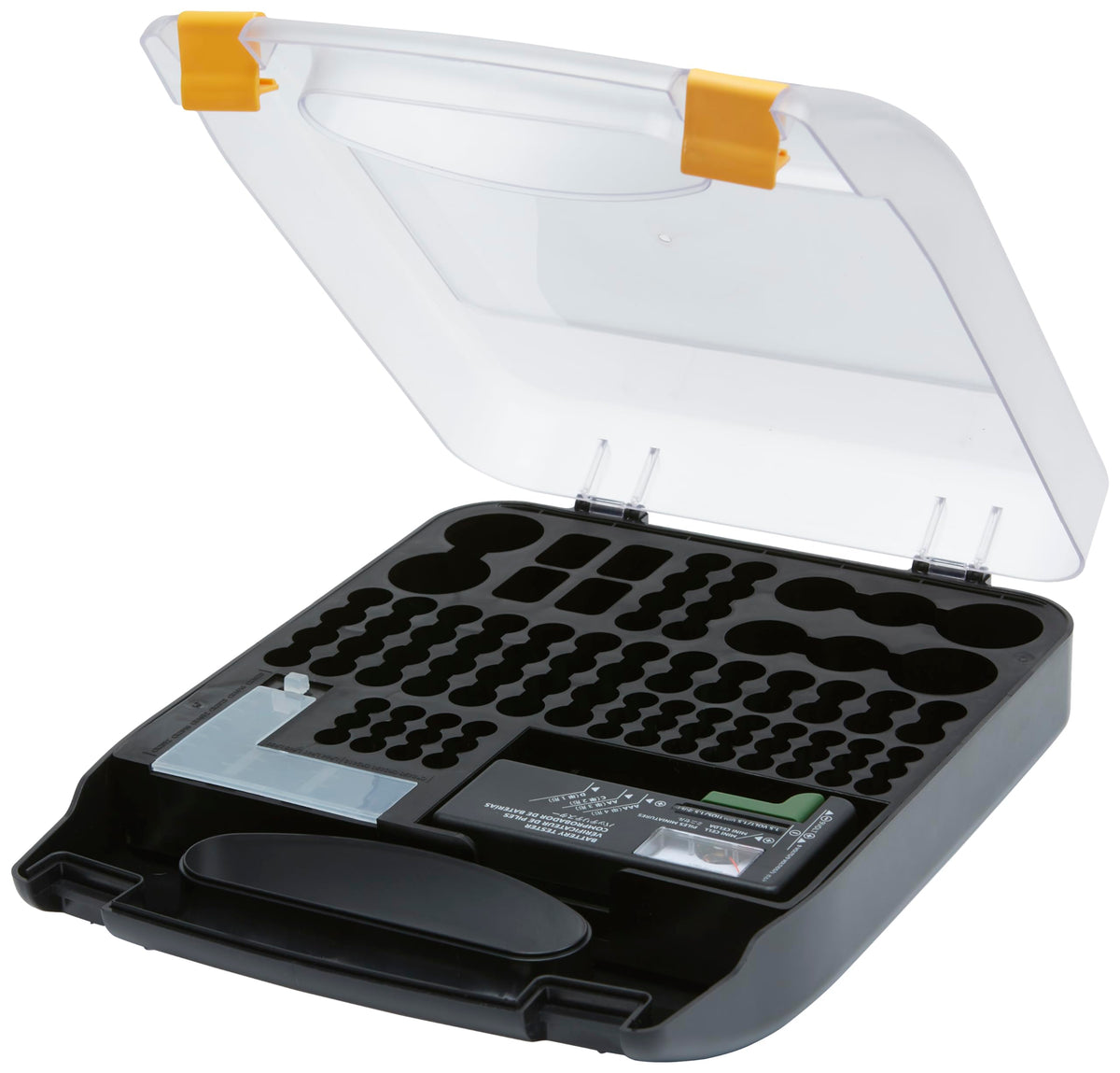 Amazon Basics portable battery storage case with clear lid for easy visibility and organization.