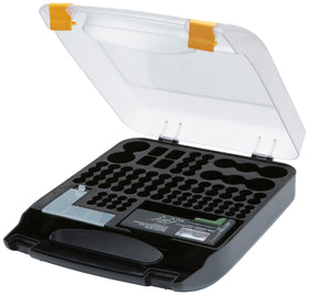 Amazon Basics portable battery storage case with clear lid for easy visibility and organization.