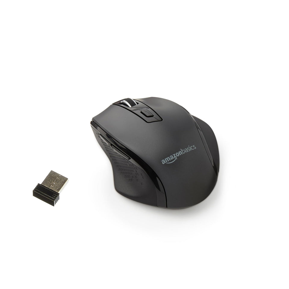 Amazon Basics portable wireless mouse with compact design for easy travel.