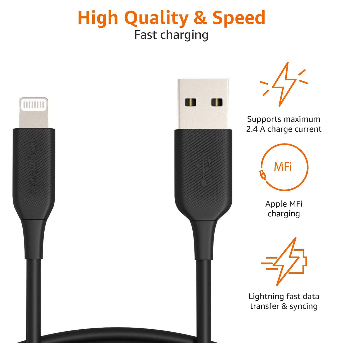 Amazon Basics Power Delivery compatible USB-C to Lightning cable enables faster charging on supported iPhones