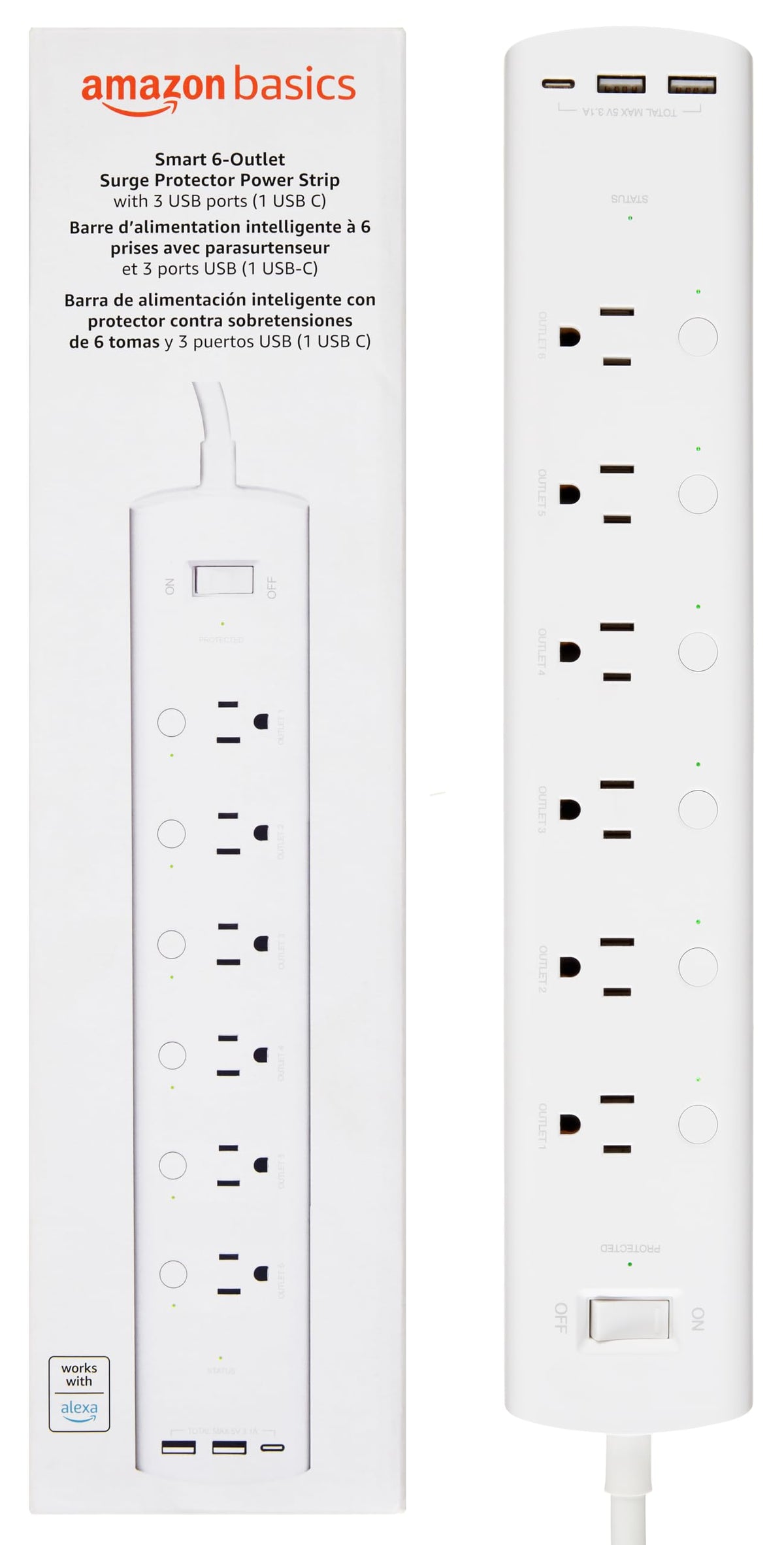 Amazon Basics front view of smart power strip showing six outlets and three USBs, neat power control