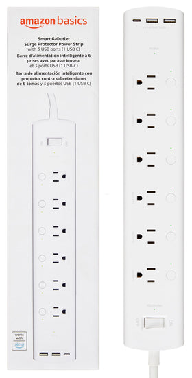 Amazon Basics front view of smart power strip showing six outlets and three USBs, neat power control