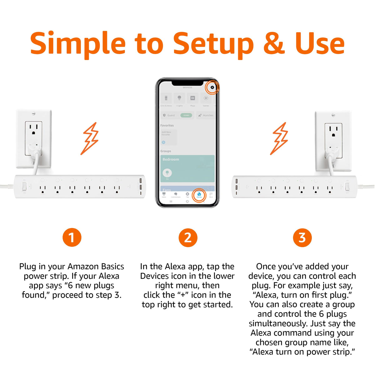 Amazon Basics power strip powering monitors and chargers on a home office desk, simplified setup