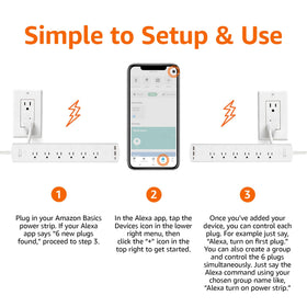 Amazon Basics power strip powering monitors and chargers on a home office desk, simplified setup