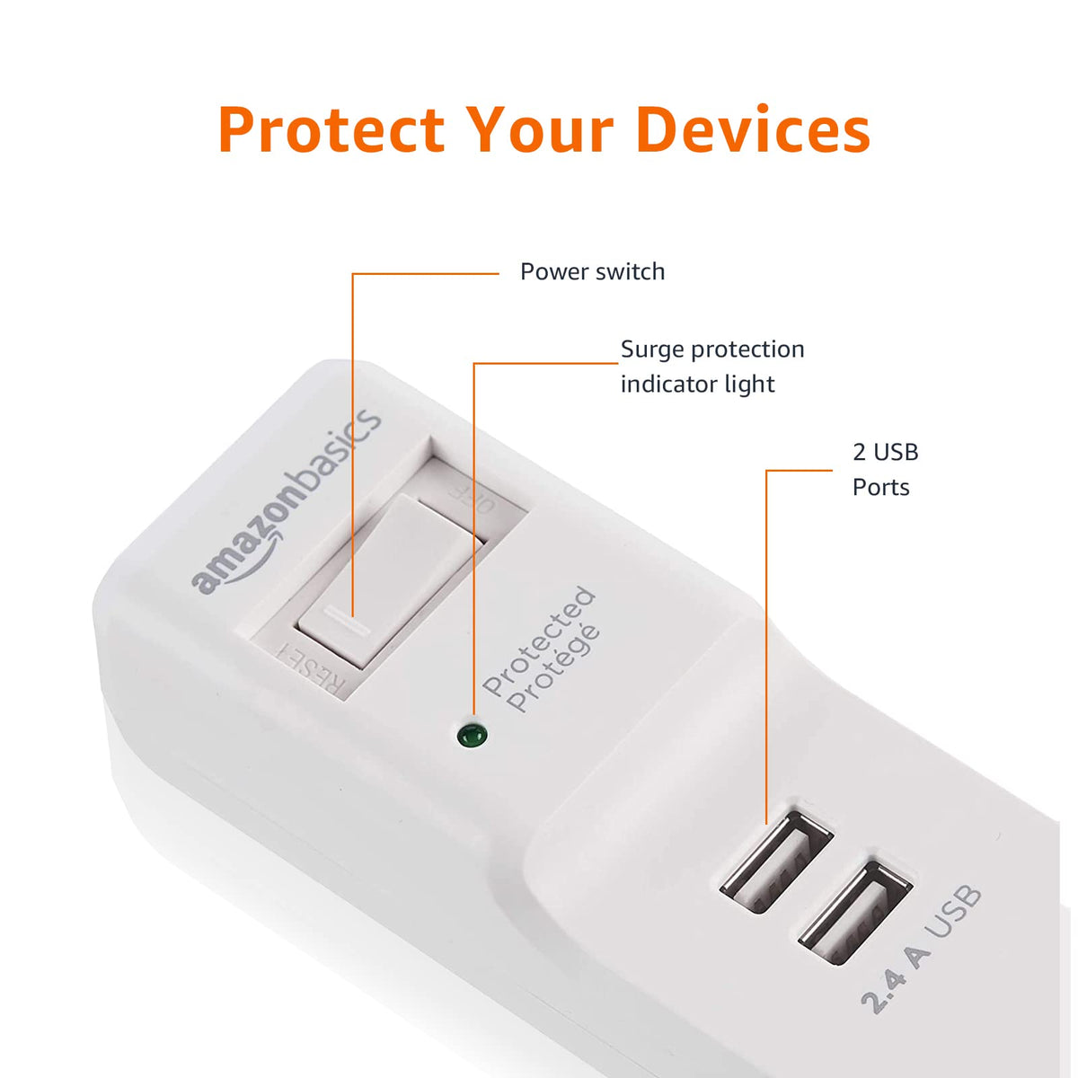 Amazon Basics power strip featuring 1000 joule protection against surges