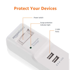 Amazon Basics power strip featuring 1000 joule protection against surges