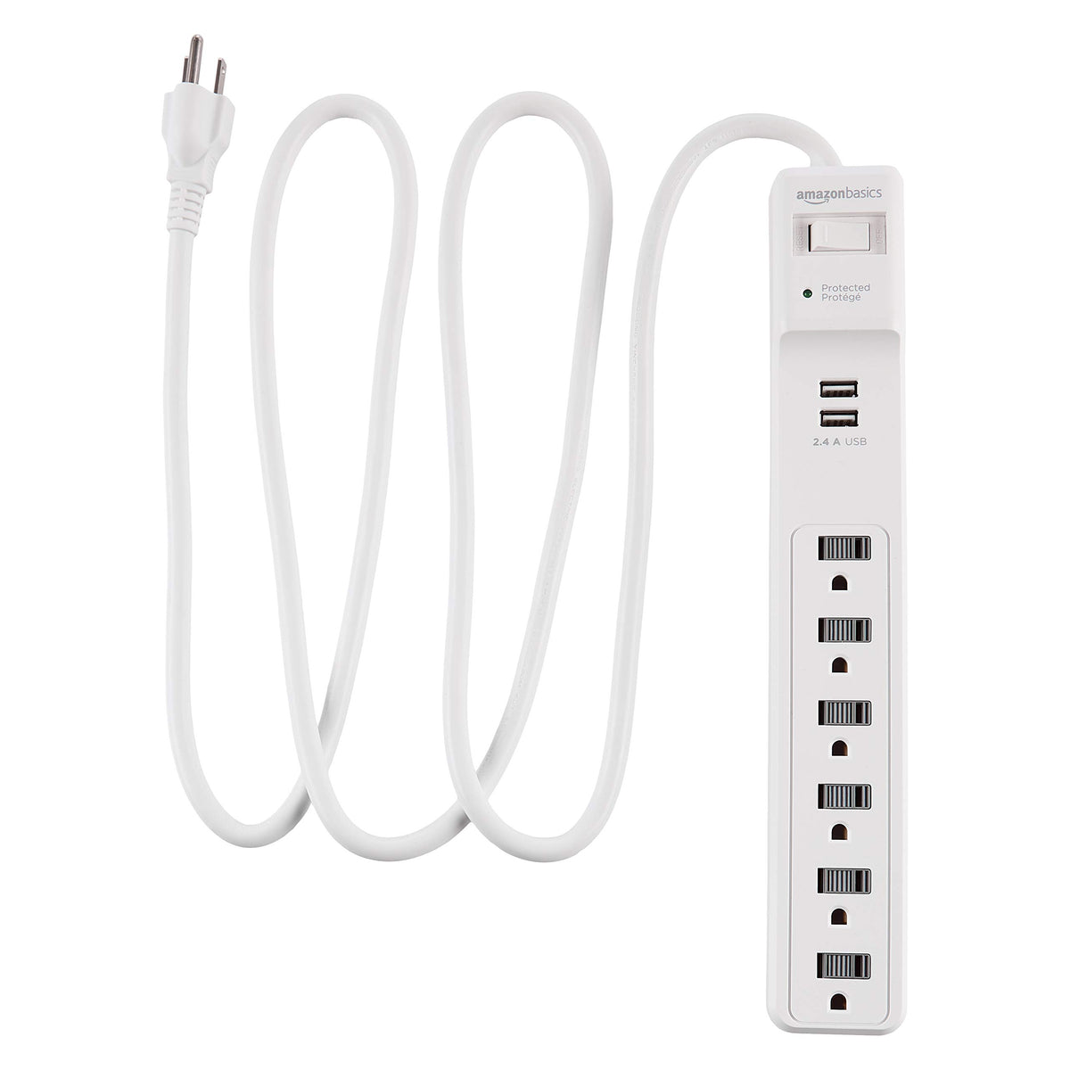 Amazon Basics power strip with six outlets and a 6-foot cord for flexible placement