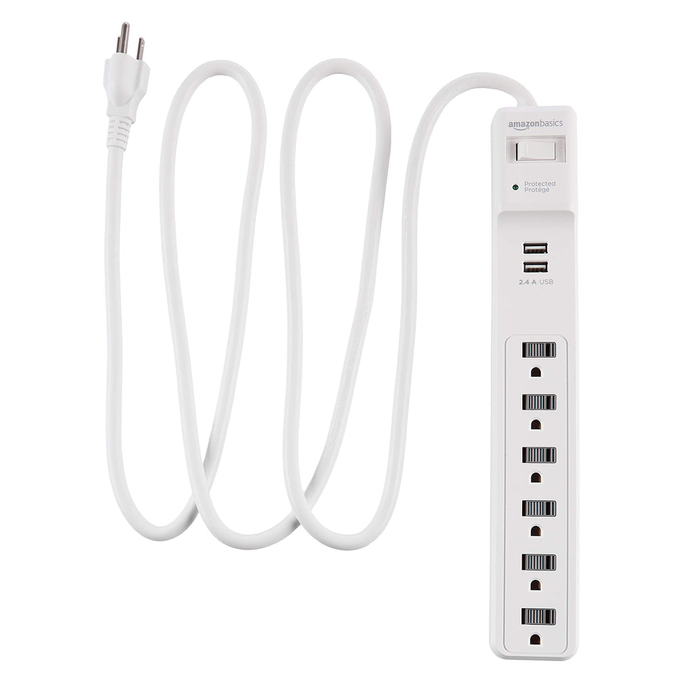 Amazon Basics power strip with six outlets and a 6-foot cord for flexible placement