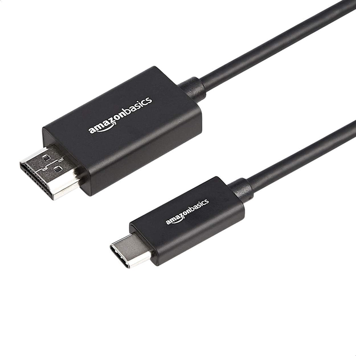 Amazon Basics USB-C to HDMI adapter close-up showing a compact 3ft cable for portable use.