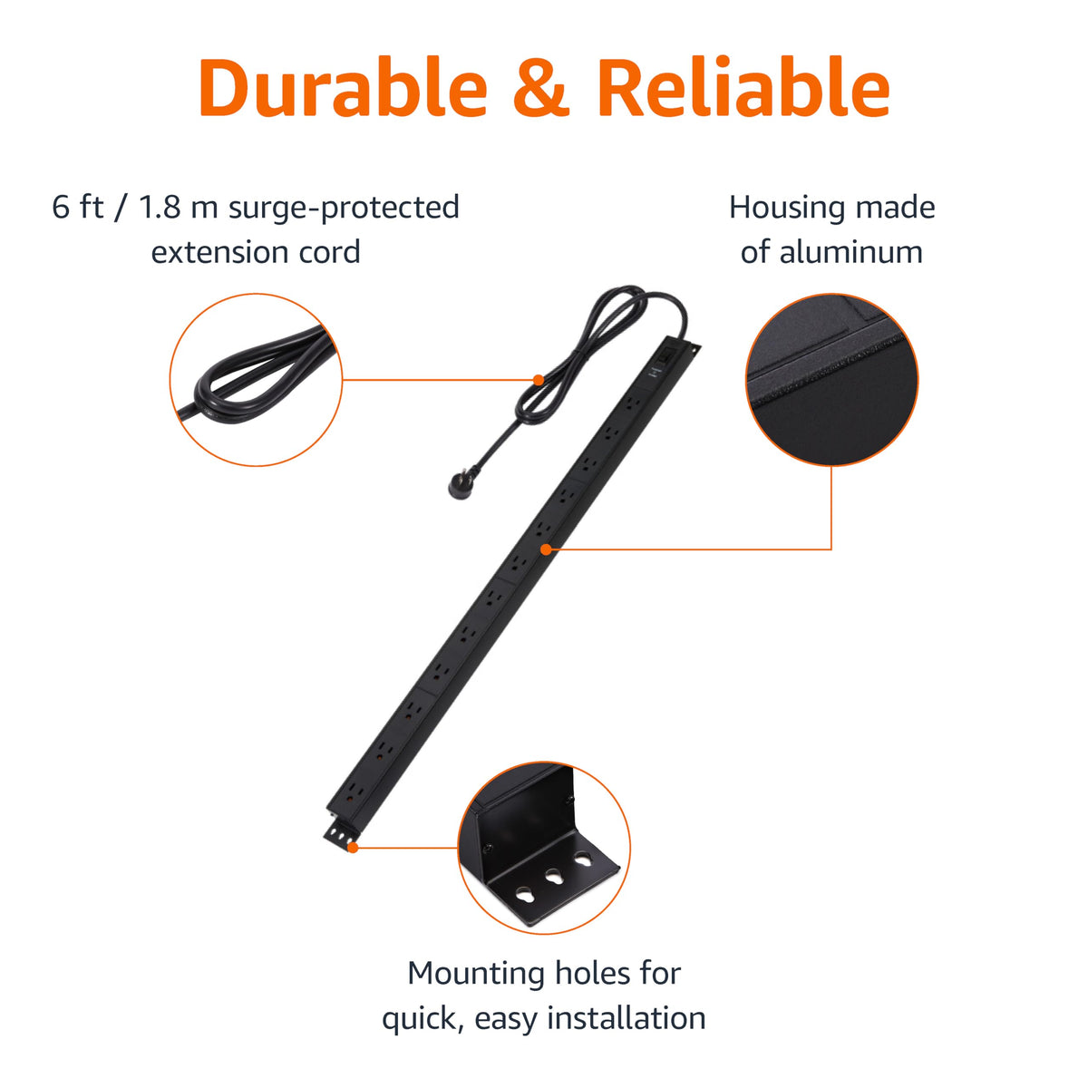 Amazon Basics indicator LED and product label detail providing visible surge protection status