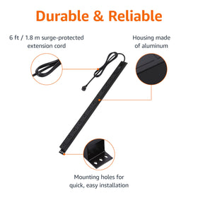 Amazon Basics indicator LED and product label detail providing visible surge protection status