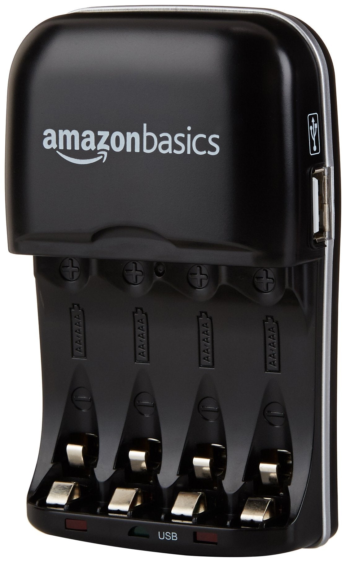 Amazon Basics charger front view recharging AA and AAA Ni-MH batteries in pairs.
