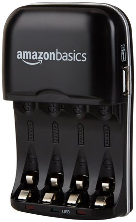 Amazon Basics charger front view recharging AA and AAA Ni-MH batteries in pairs.