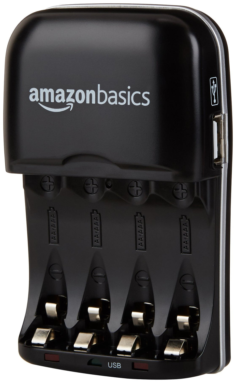 Amazon Basics charger front view recharging AA and AAA Ni-MH batteries in pairs.