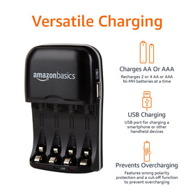 Amazon Basics charger plugged-in with worldwide voltage compatibility for global travel.