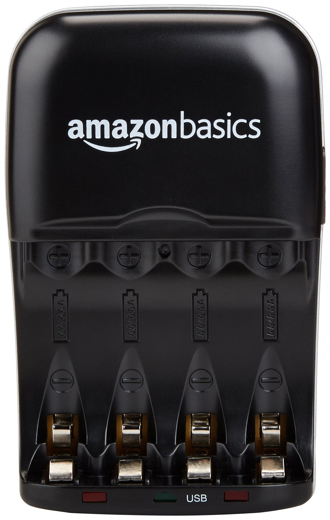 Amazon Basics charger USB port close-up suitable for charging a phone while batteries recharge.
