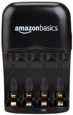 Amazon Basics charger USB port close-up suitable for charging a phone while batteries recharge.