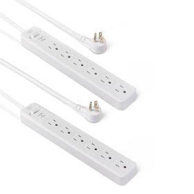 Amazon Basics rectangle surge protector front view with six outlets for versatile power access.