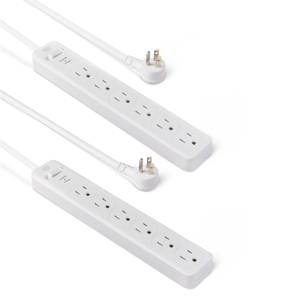Amazon Basics rectangle surge protector front view with six outlets for versatile power access.