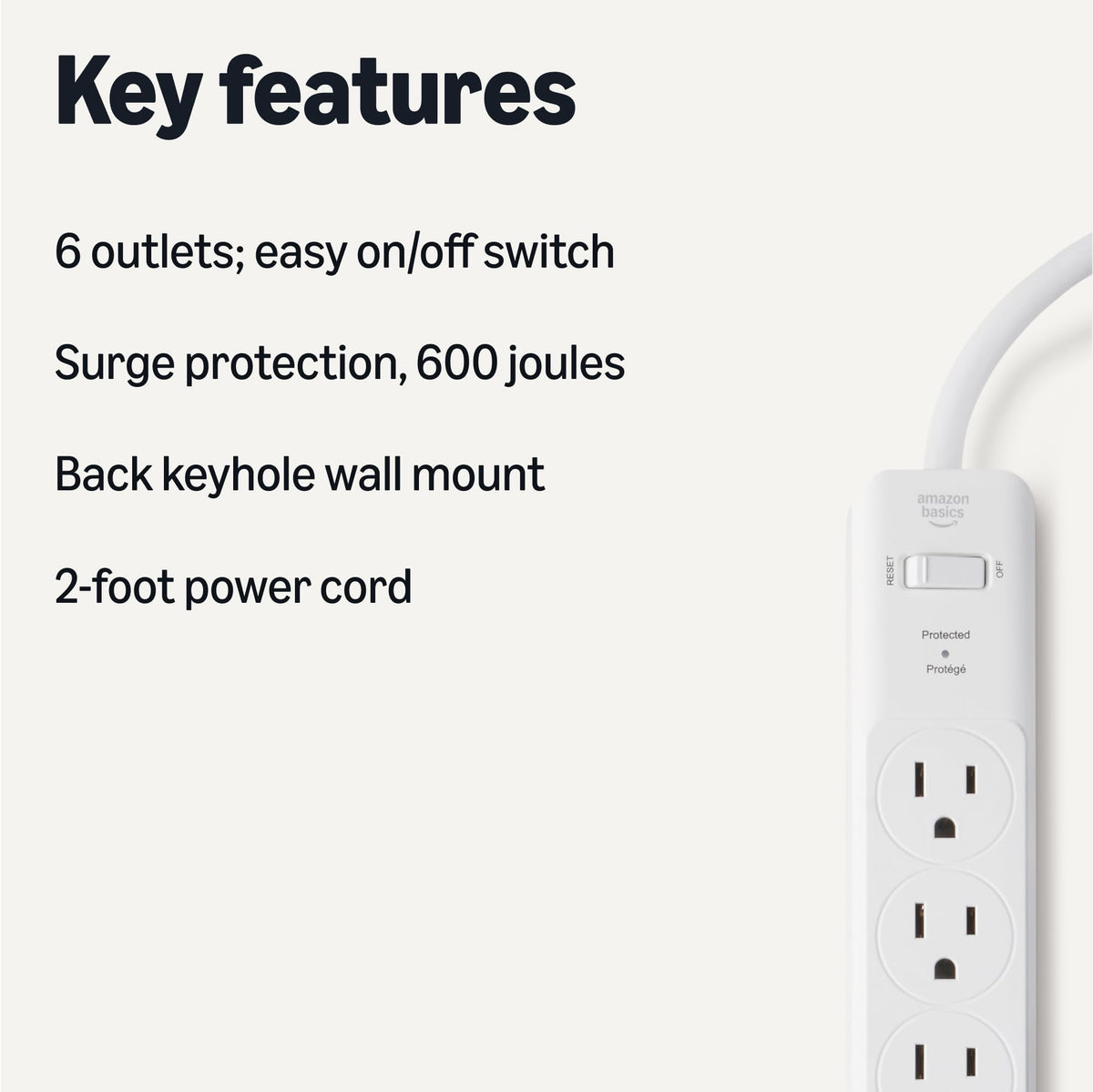 Amazon Basics indicator light on surge protector signaling protection readiness.