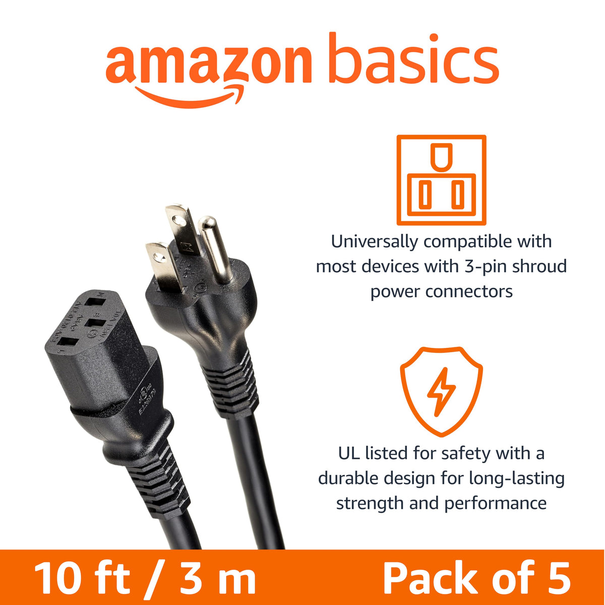 Amazon Basics replacement power cord 3-prong for quick, safe device swaps.