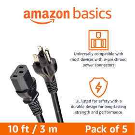 Amazon Basics replacement power cord 3-prong for quick, safe device swaps.