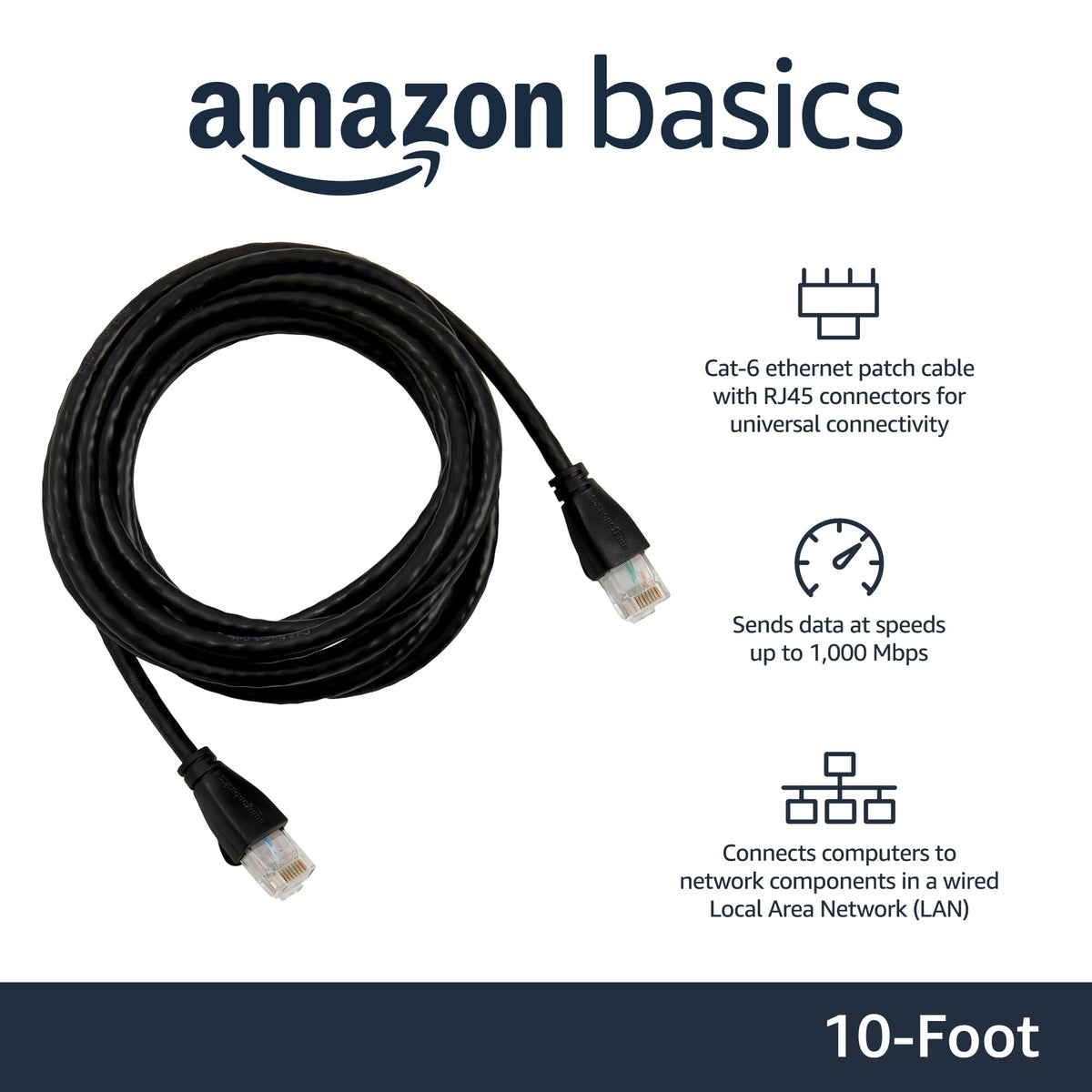 Amazon Basics Cat-6 gold-plated connectors resist corrosion for stable data transfer.