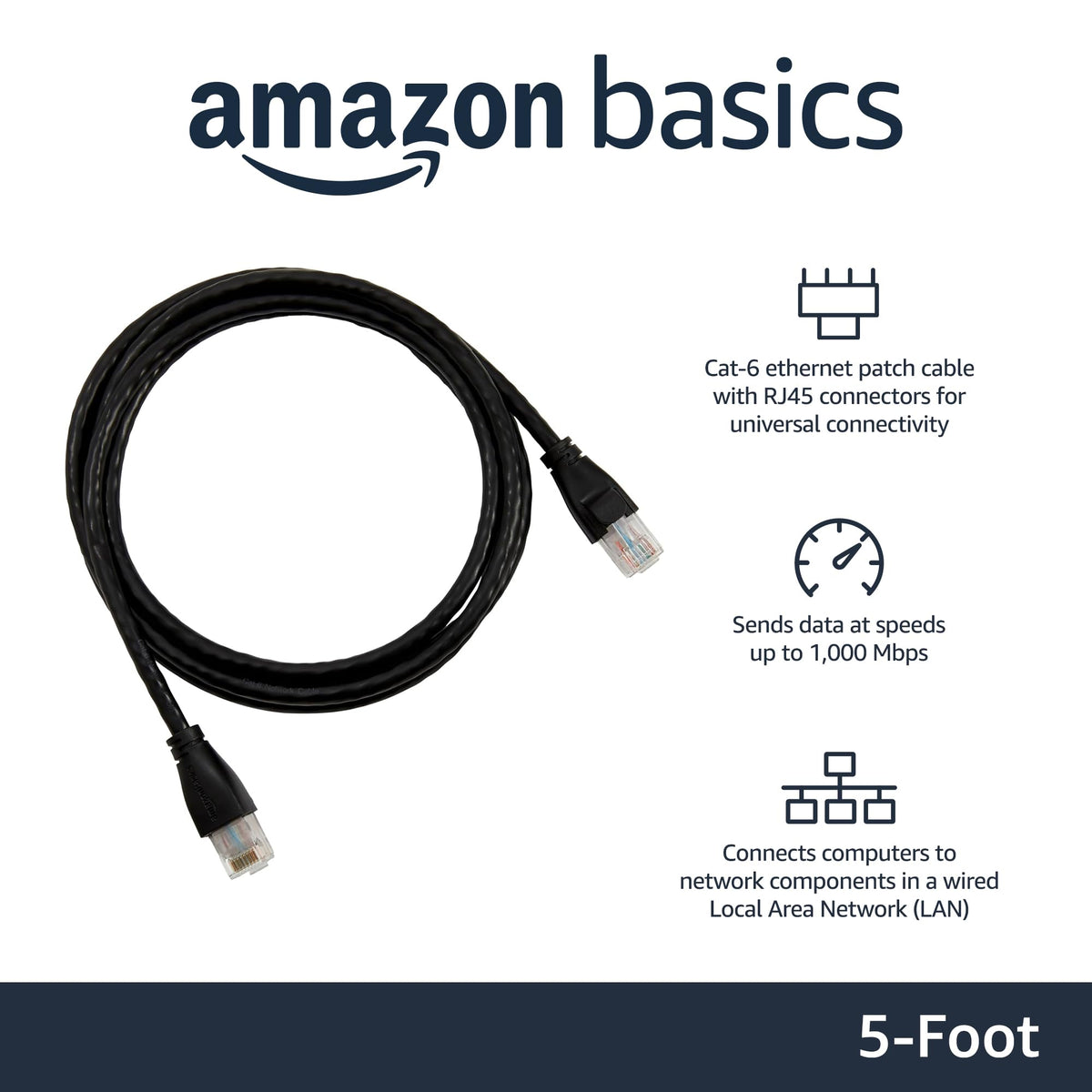 Amazon Basics RJ45 Cat-6 cable with gold-plated connectors for reliable data transfer