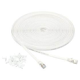 Amazon Basics flat RJ45 Cat-7 cable close-up with snagless plug for easy connections.