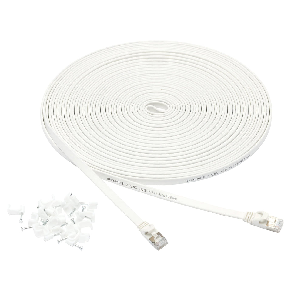 Amazon Basics flat RJ45 Cat-7 cable close-up with snagless plug for easy connections.