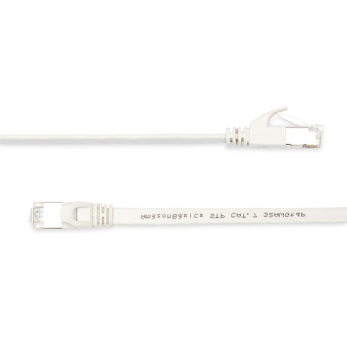 Amazon Basics Cat-7 cable close-up highlighting gold-plated contacts for stronger signal.