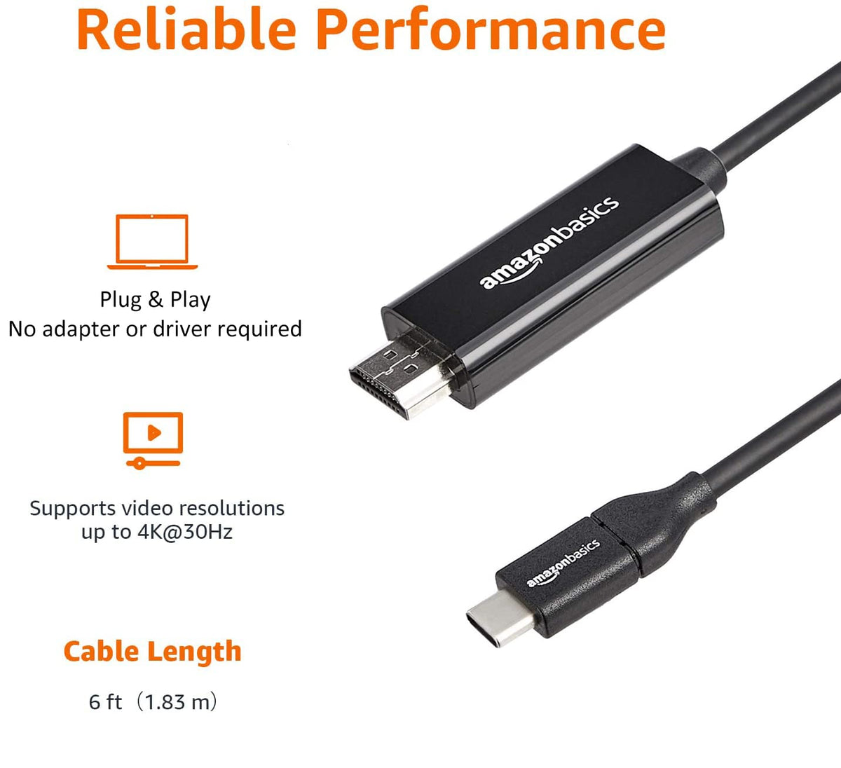 Amazon Basics six-foot cable length offers flexible placement for seating and displays
