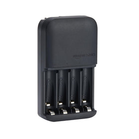 Amazon Basics smart charger 4bay powers four NiMH batteries simultaneously with status LEDs.