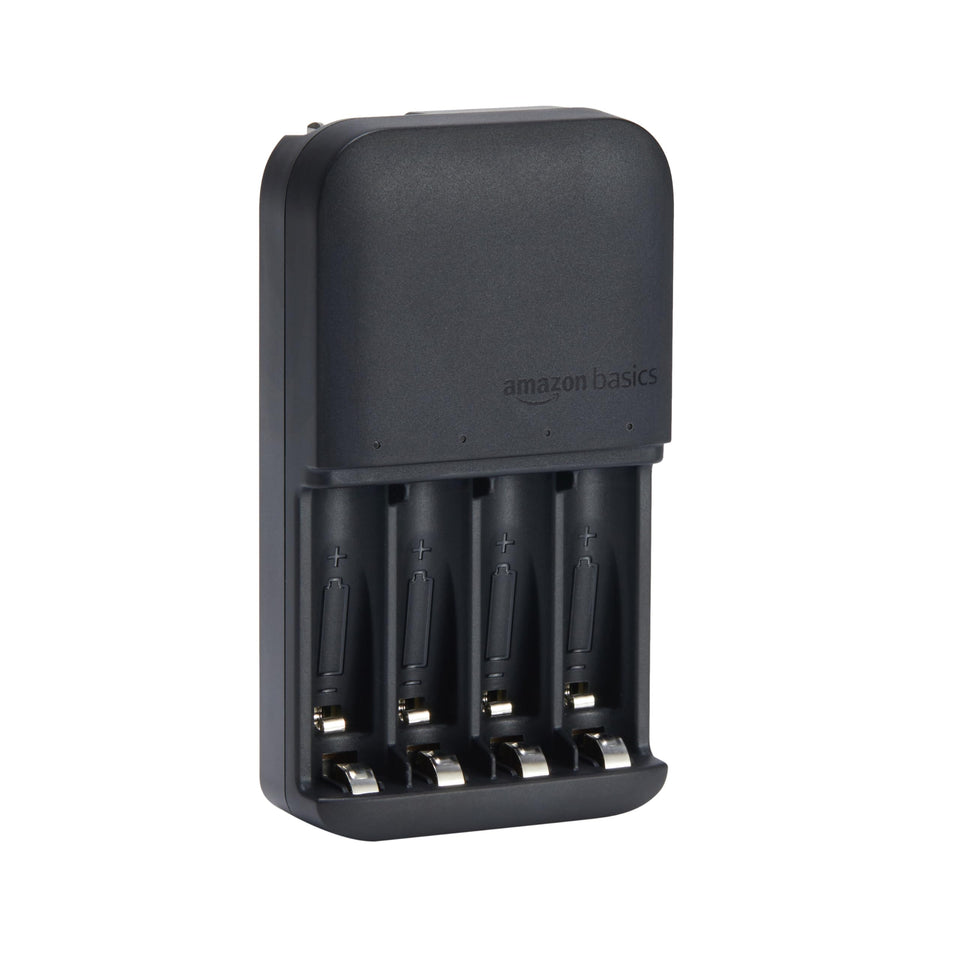 Amazon Basics smart charger 4bay powers four NiMH batteries simultaneously with status LEDs.