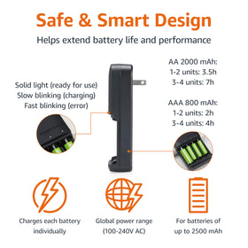 Amazon Basics charger with LED indicators lets you monitor charge progress at a glance.