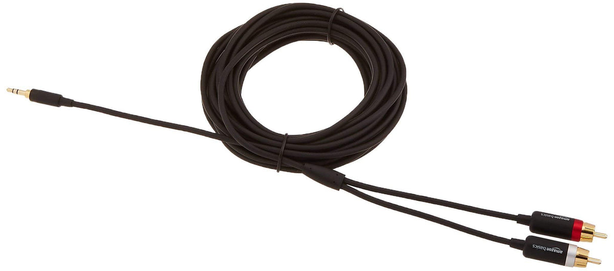 Amazon Basics 25-foot cable linking a smartphone to a speaker for flexible listening