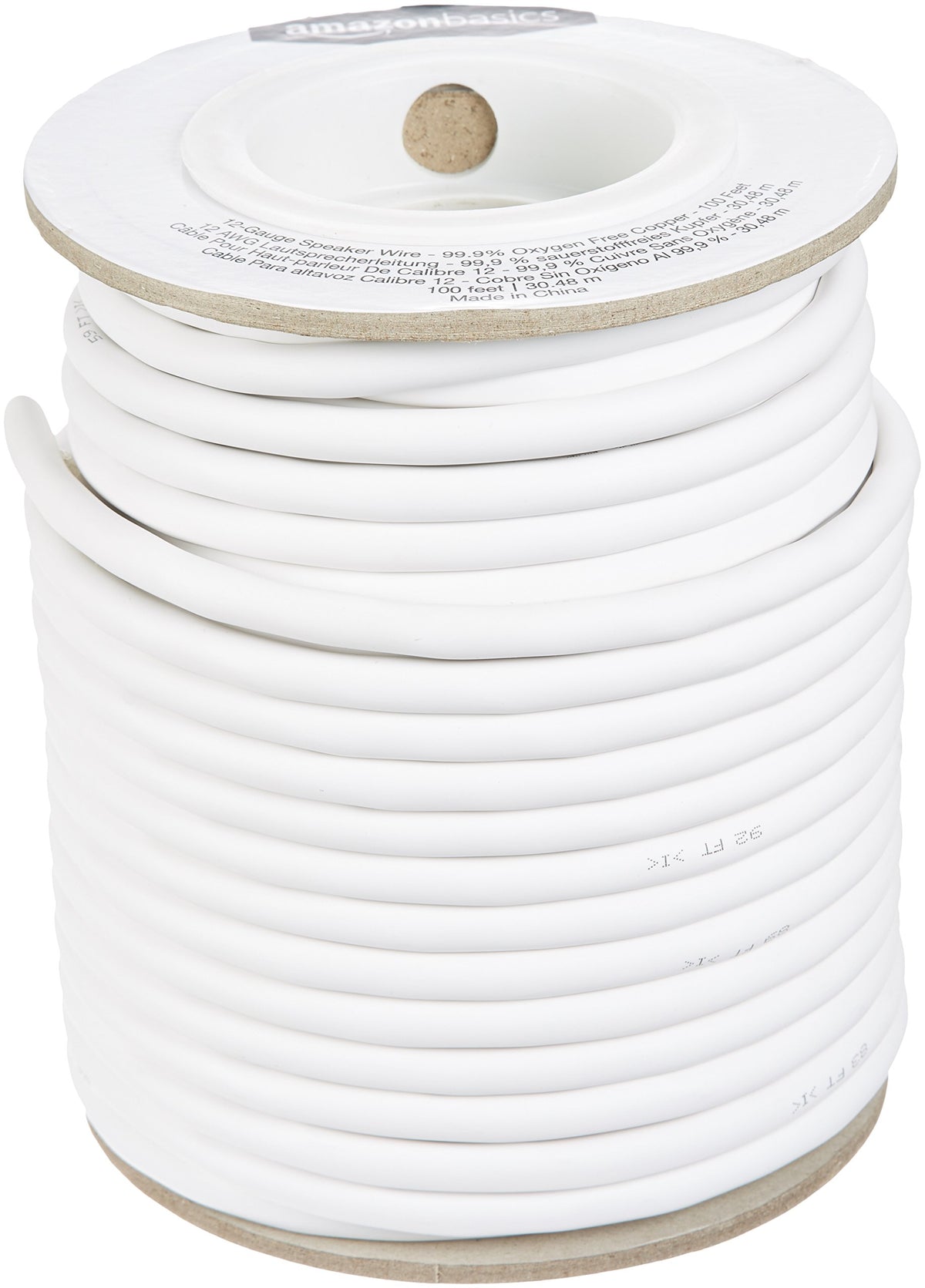 Amazon Basics speaker wire front spool showing red and black jackets, clear polarity benefit