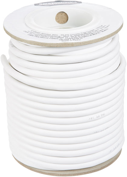 Amazon Basics speaker wire front spool showing red and black jackets, clear polarity benefit