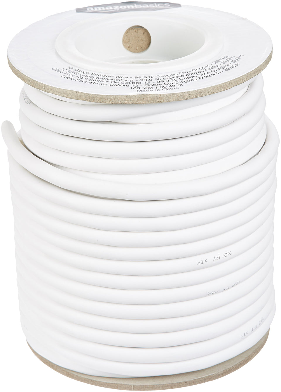 Amazon Basics speaker wire front spool showing red and black jackets, clear polarity benefit