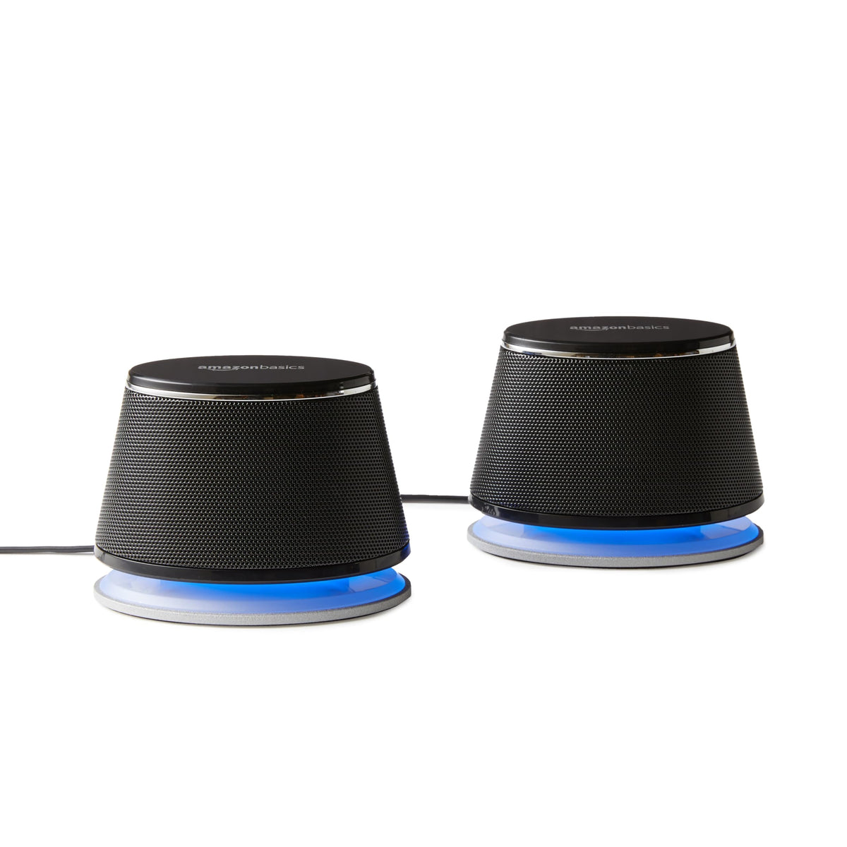 Amazon Basics front view of stereo speakers showing compact pair and clear sound