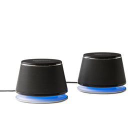 Amazon Basics front view of stereo speakers showing compact pair and clear sound